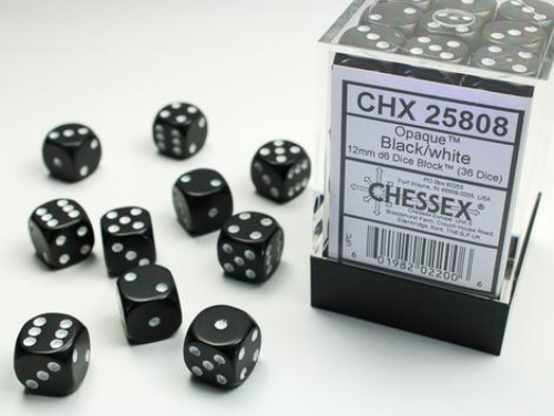 Chessex 36D6 12mm Cube Opaque Black/White