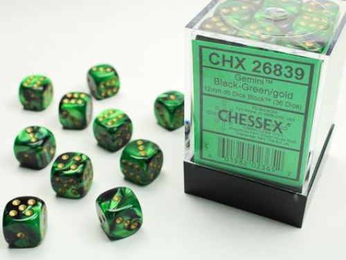 Chessex 36D6 12mm Cube Black-Green/Gold