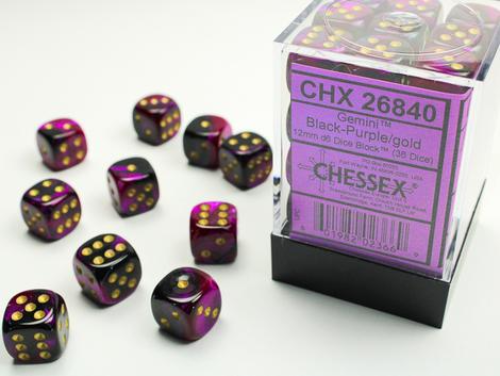 Chessex 36D6 12mm Cube Black-Purple/Gold