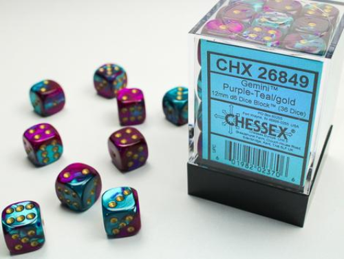 Chessex 36D6 12mm Cube Purple-Teal/Gold