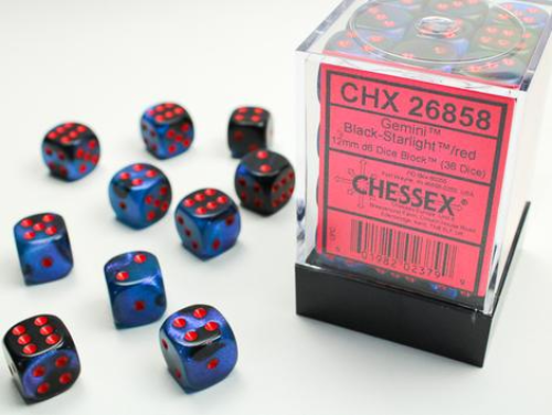 Chessex 36D6 12mm Cube Black-Starlight/Red