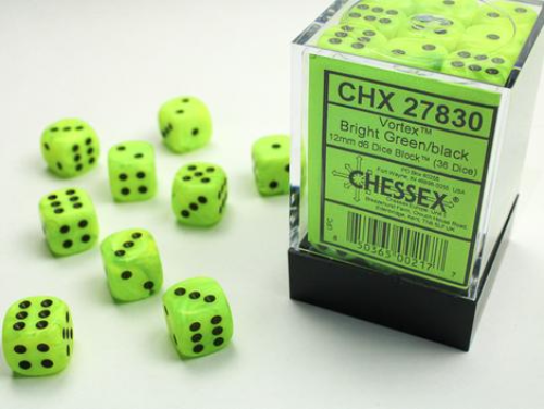 Chessex 36D6 12mm Cube Bright Green/Black