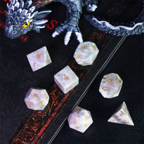 Auspicious Jade Gemstone Engraved with Gold RPG Dice Set