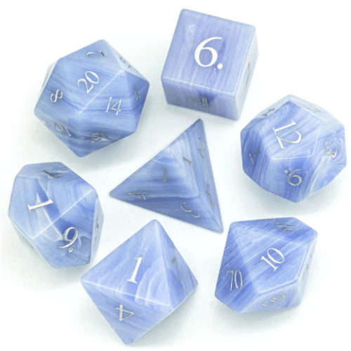 Blue Agate Gemstone Engraved with Silver RPG Dice Set