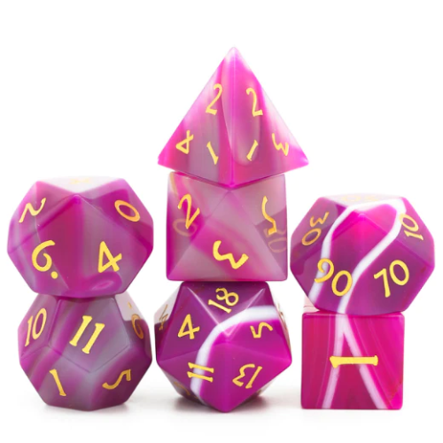 Pink Agate Gemstone Engraved with Gold RPG Dice Set